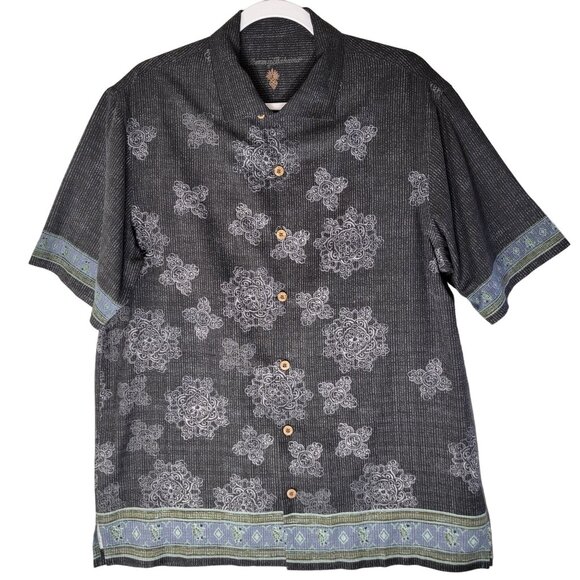 Tommy Bahama Hawaiian Silk Shirt Mens M Black Buttons Resortwear Tribal Tiki - Picture 1 of 15